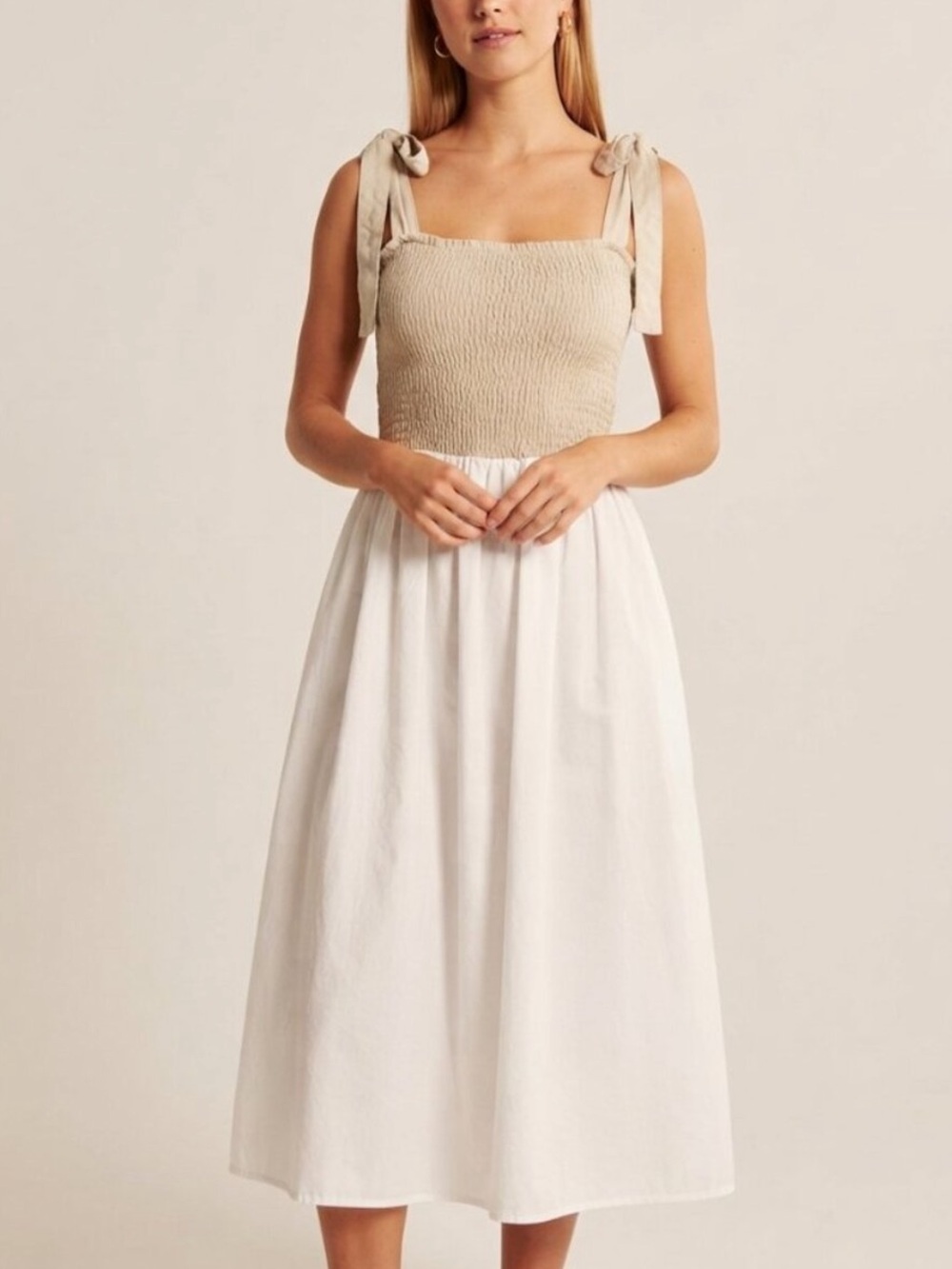Kourt White and Tan Smocked Tie Shoulder Cotton Blend Midi Dress XS 57167